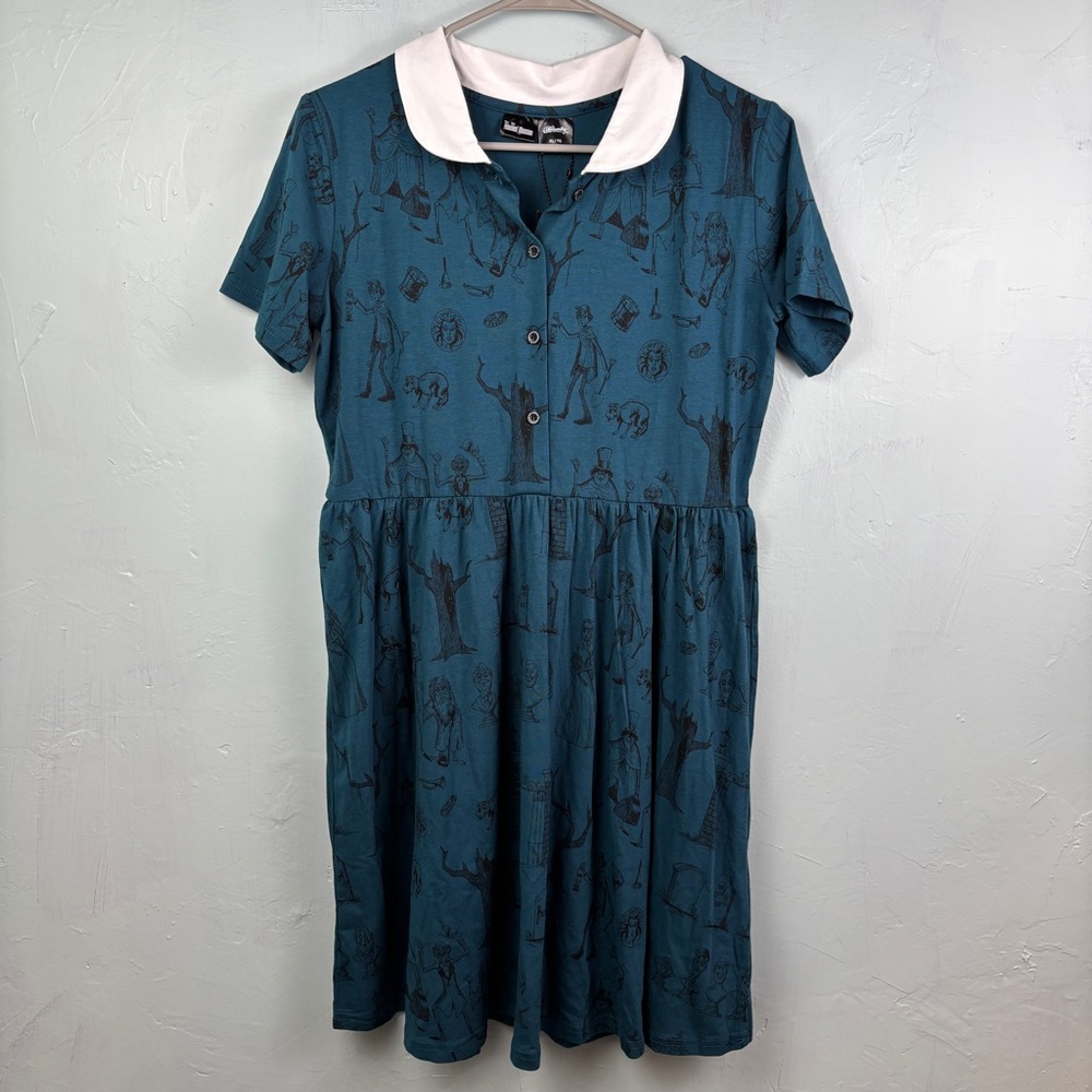 Cakeworthy Disney Haunted Mansion Teal, White Collared Dress
